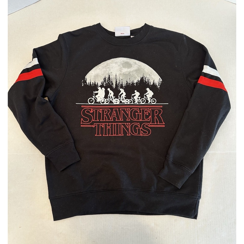 Stranger Things Crew Neck Sweatshirt Black With Stripped Arms Kids Medium